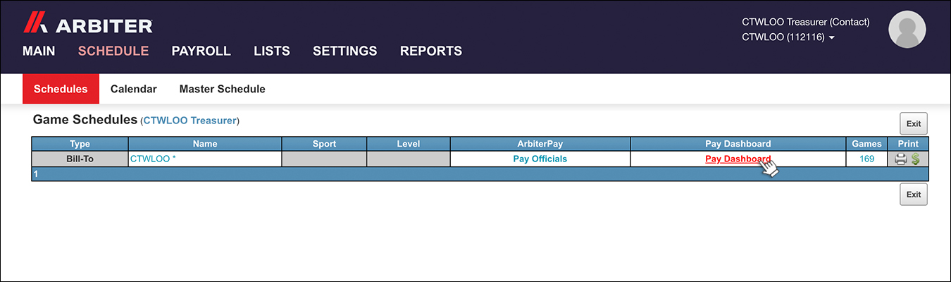 screenshot of ArbiterSports Schedule page